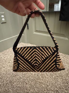 Arden B Hand-Beaded Black and Tan Evening Shoulder Bag